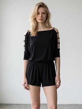 4/$40 Cheryl Kids Creations Black 1/2 Batwing‎ Off-Shoulder Open Sleeve Romper